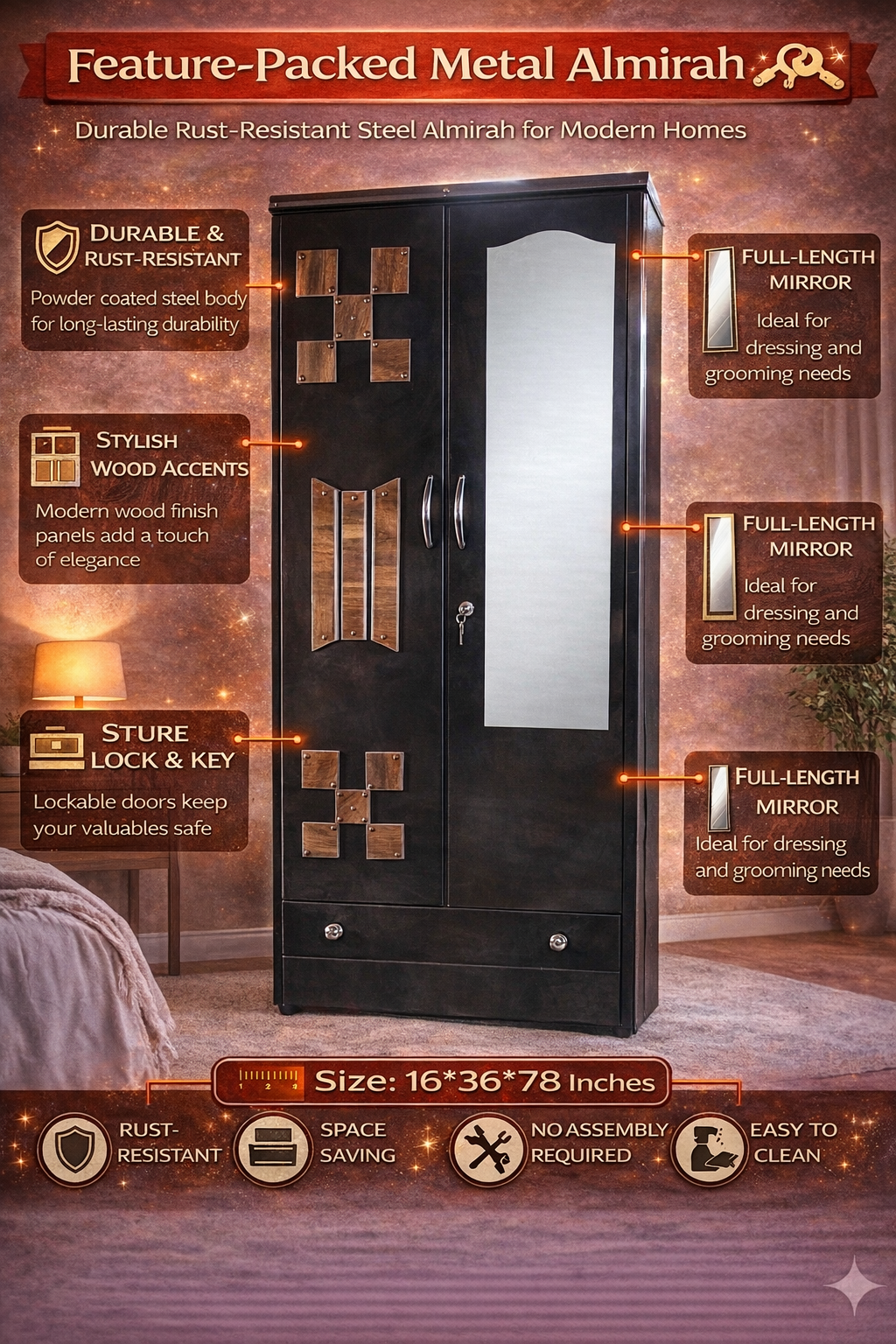 Steel Almirah 2 Door with Mirror | 16x36x78 Inch Metal Wardrobe | Lockable Storage Cupboard with Drawers