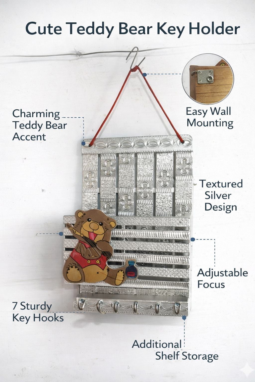 Decorative Teddy Bear Key Holder for Wall – 7 Hooks with Shelf, Stylish Metal Key Stand Organizer, Easy Wall Mount for Home Entryway & Living Room