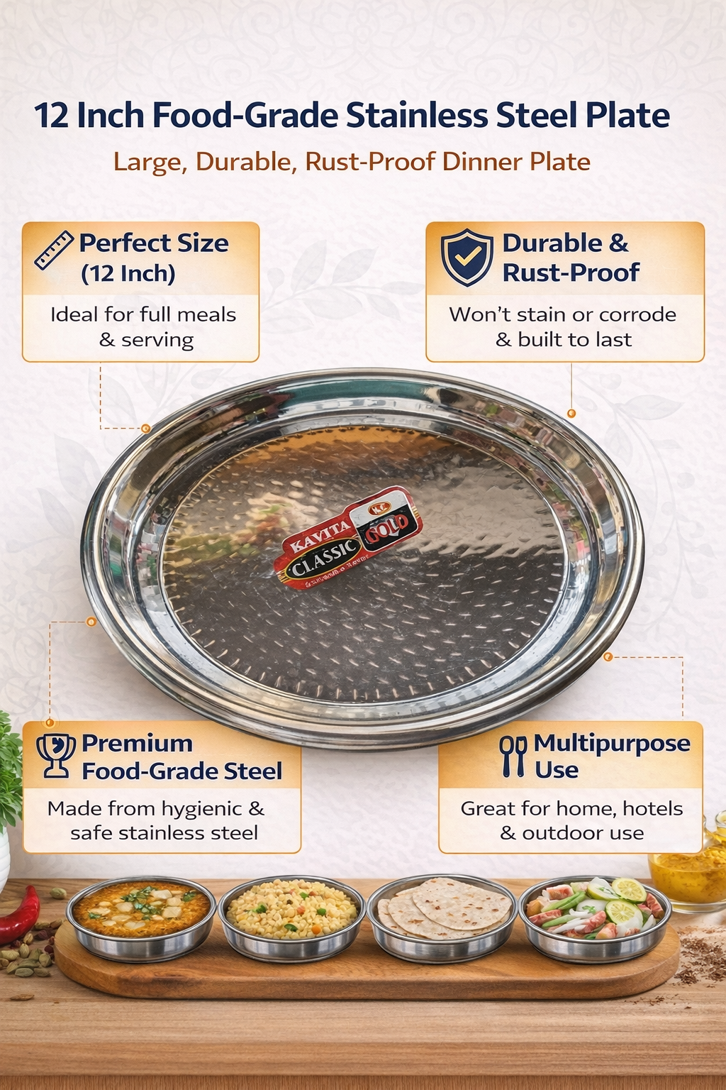 Heavy Duty, Rust-Proof & Durable Dinner Plate | Multipurpose Serving Plate for Home & Kitchen
