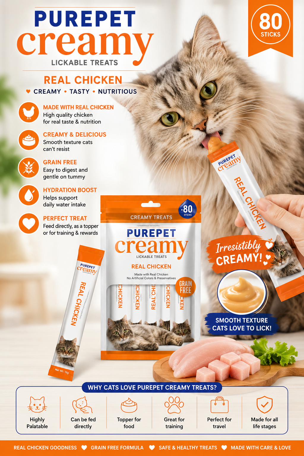 Purepet Creamy Lickable Cat Treats Real Chicken | Creamy Wet Cat Snack | Made with Real Chicken | Grain-Free Cat Treat | Highly Palatable Cat Food Topper | Adult Cats & Kittens | 15g x 5 Sticks