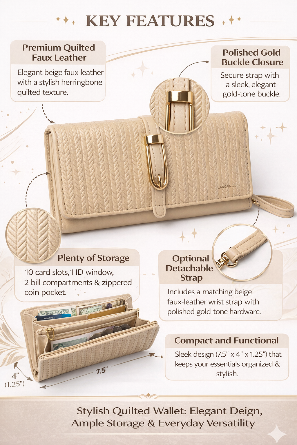 Women's Beige Quilted Wallet with Gold Buckle Closure, Faux Leather Long Clutch Purse with Wrist Strap