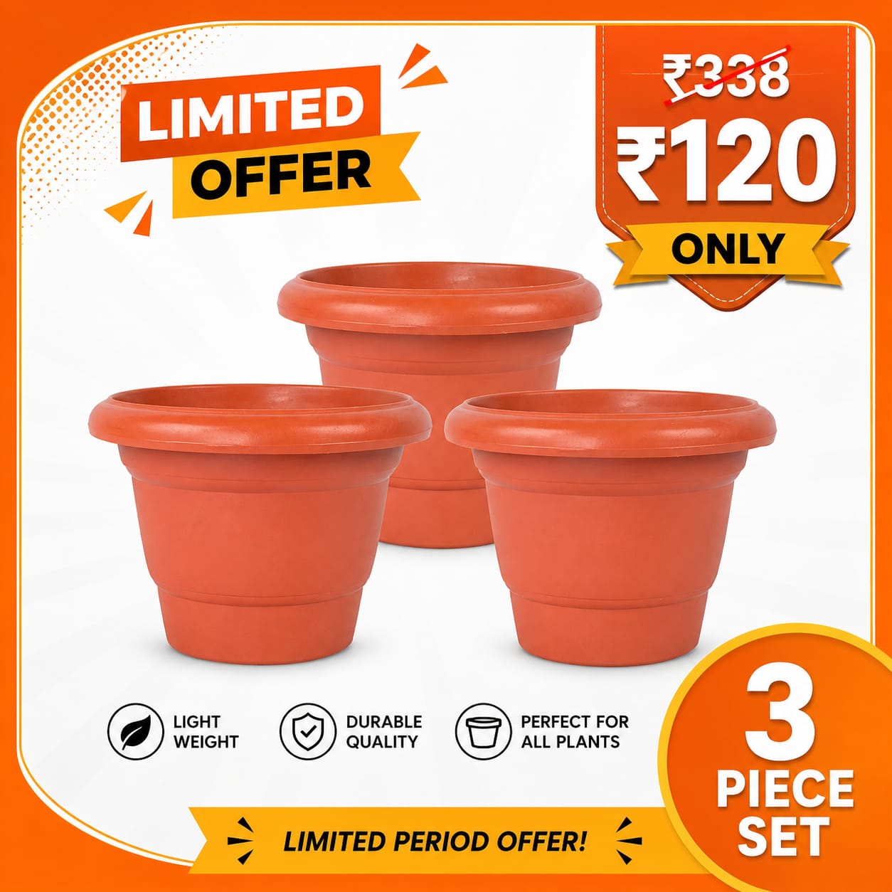 Plastic Flower Pot Set of 3 | Lightweight Round Plant Pots with Drainage | Durable Garden Planters for Indoor & Outdoor Plants | Terracotta Color