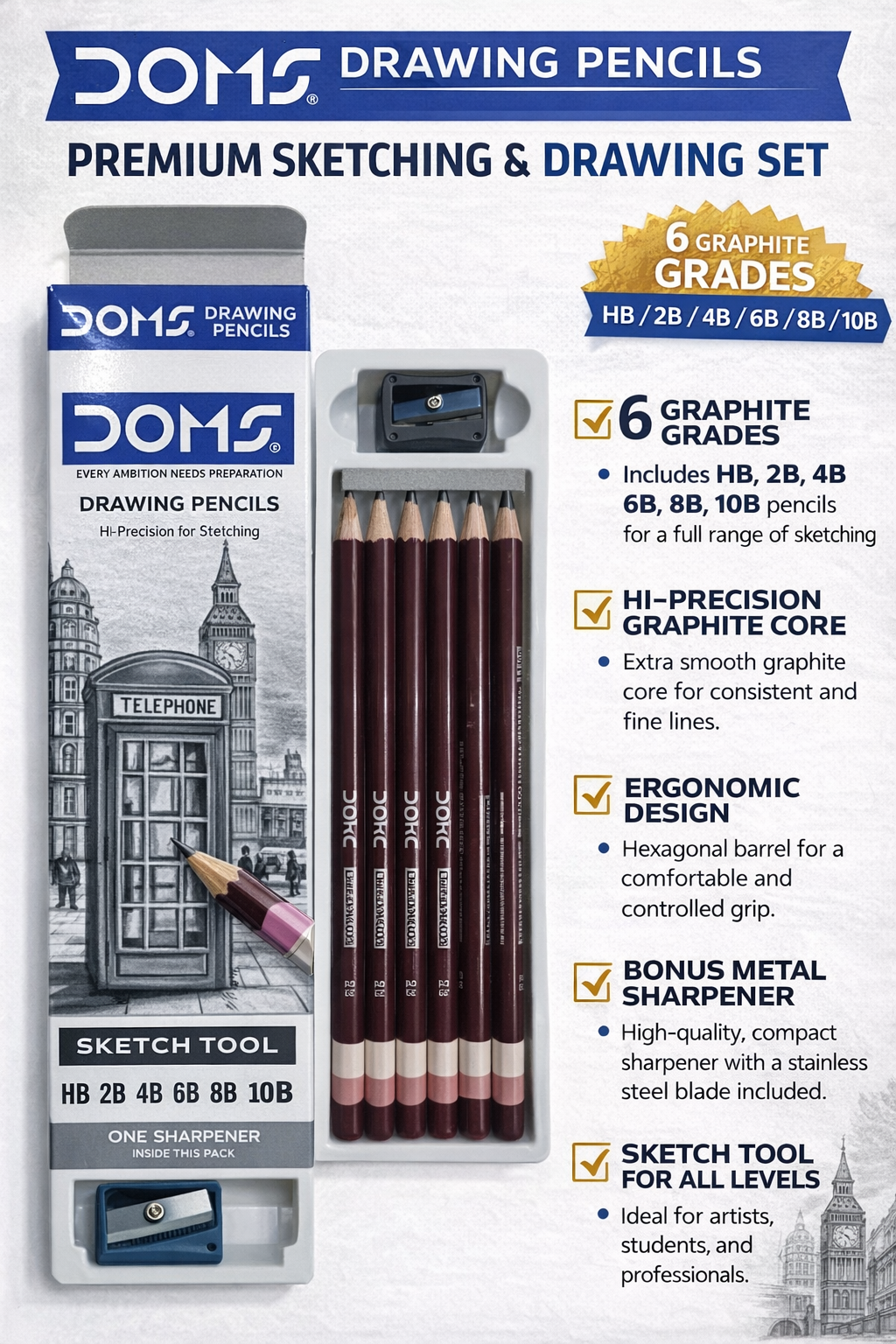 DOMS Drawing Pencils Set with Sharpener – Sketching Pencils Kit (HB, 2B, 4B, 6B, 8B, 10B),