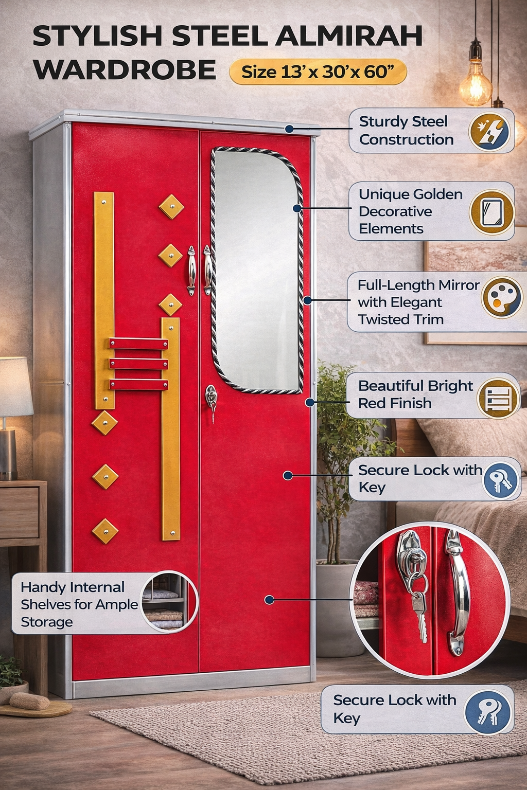 Red Steel Almirah Wardrobe with Mirror & Lock | Designer Steel Cupboard for Bedroom