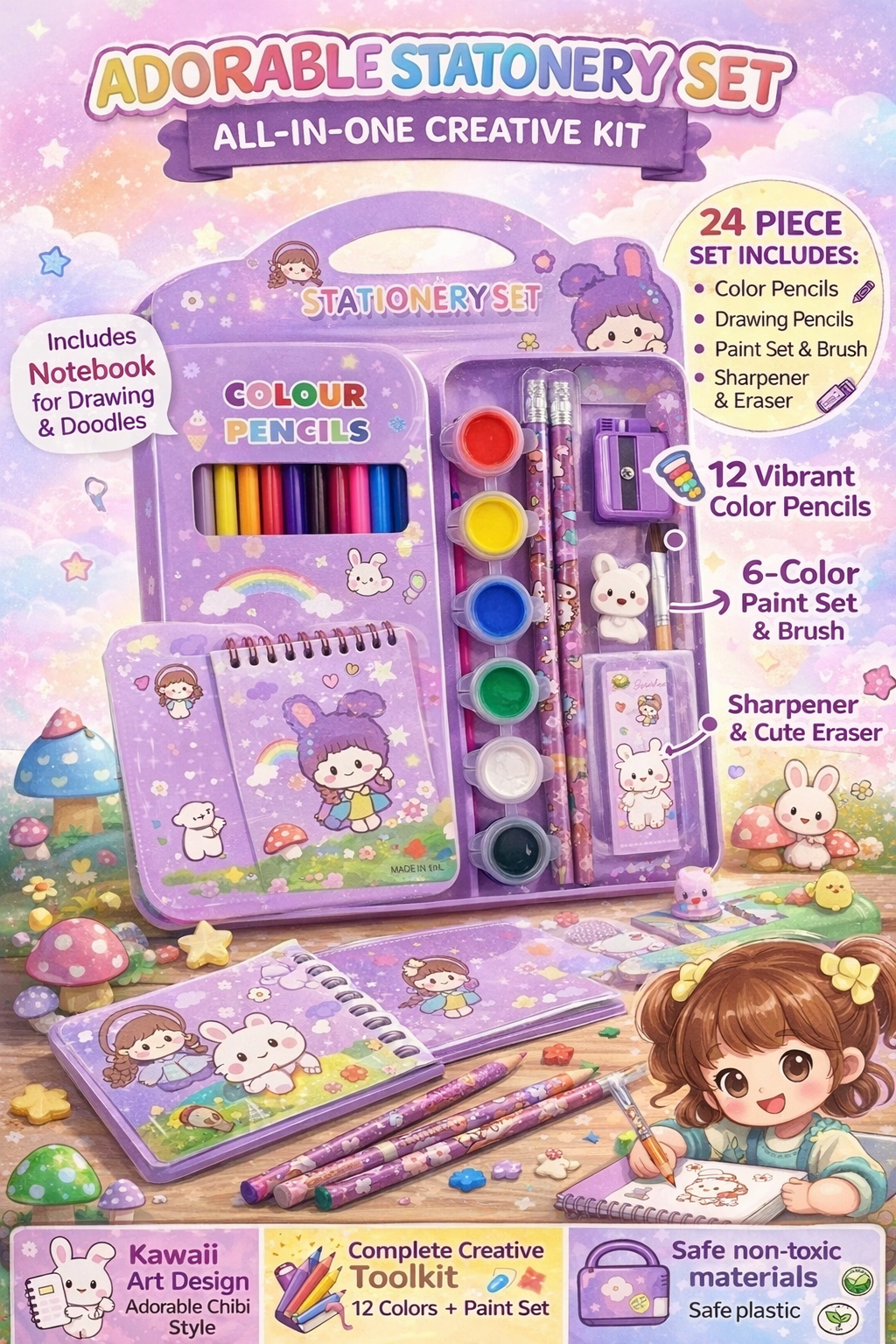 Kawaii Stationery Set for Kids (24 Pieces) | Colour Pencils, Paint Set, Notebook, Eraser & Sharpener
