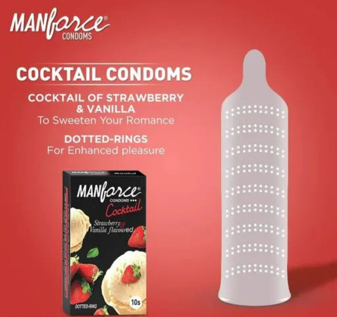 Manforce Cocktail Strawberry & Vanilla Flavoured Condoms, Dotted and Ringed Latex Condoms for Enhanced Pleasure, Pack of 10