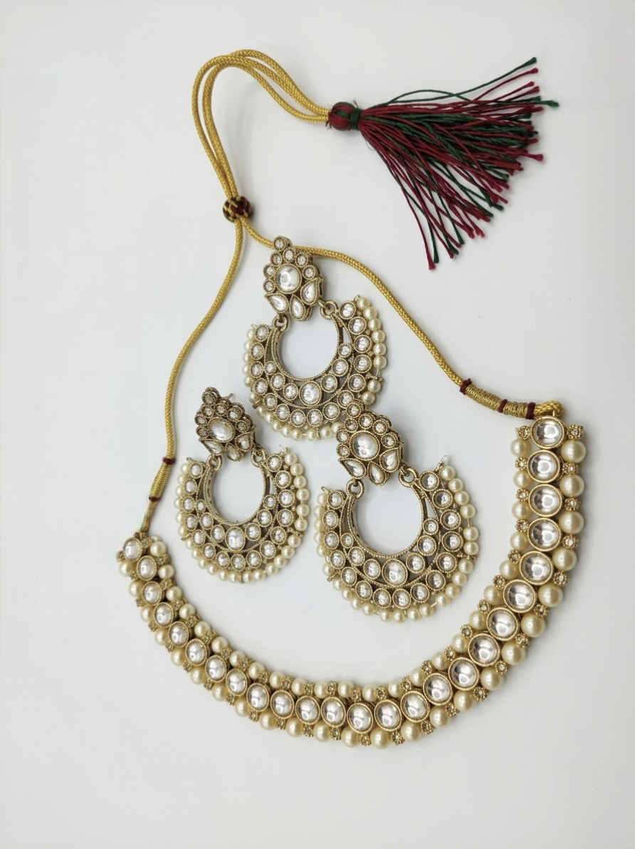 Kavya Kundan Pearl Choker Necklace Set for Women, Antique Gold Plated Bridal Jewelry with Matching Earrings, Adjustable Traditional Indian Wedding Jewelry