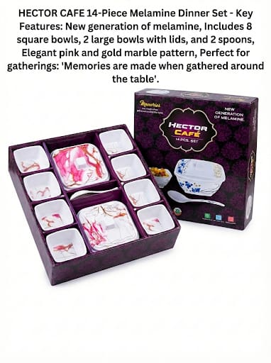 Hector Cafe 14-Piece Melamine Dinner Set – Pink Marble Design