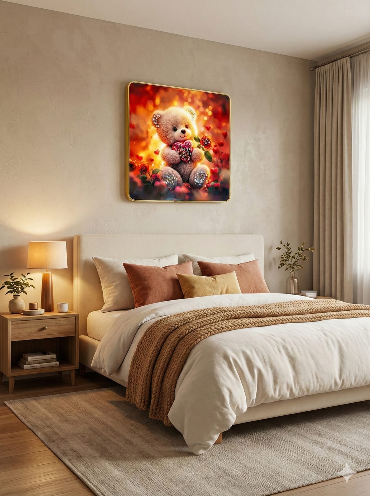 दिल और गुलाब के फूलों से सजा रोमांटिक टेडी बियर वॉल आर्ट