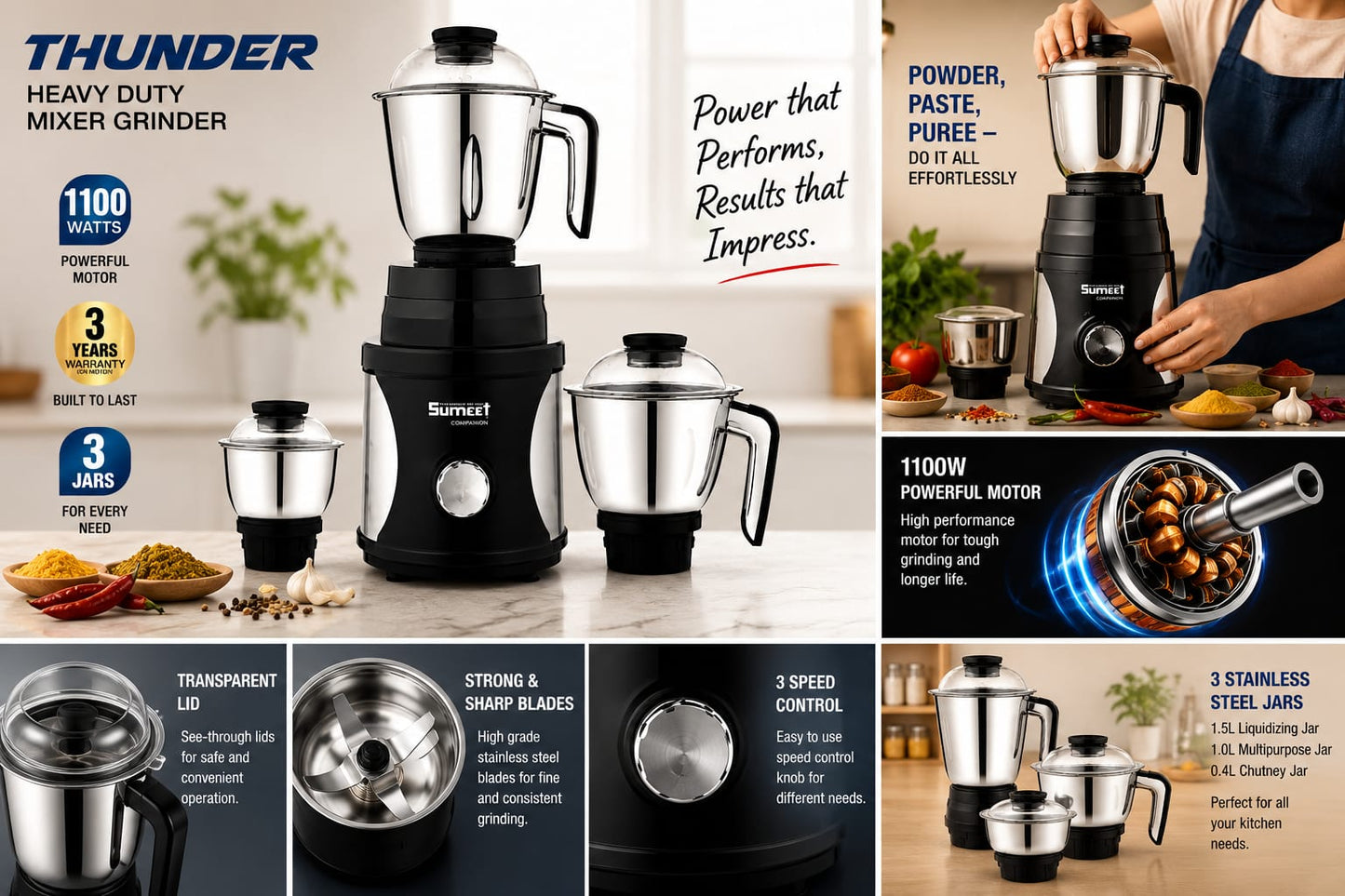 Thunder Heavy Duty Mixer Grinder 1100 Watts | 3 Stainless Steel Jars | 100% Copper Motor | High Speed 18,000 RPM | 3 Speed Control | Kitchen Mixer Grinder | 3 Years Motor Warranty