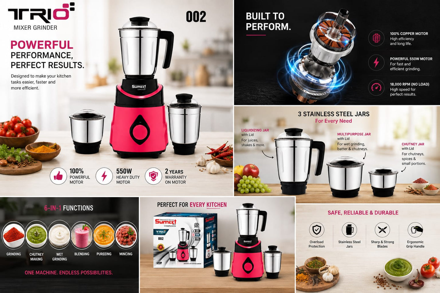 Trio 002 Mixer Grinder 550 Watts | 100% Copper Motor | 3 Stainless Steel Jars | Heavy Duty Kitchen Mixer Grinder | 18,000 RPM | Overload Protection | 2 Years Motor Warranty