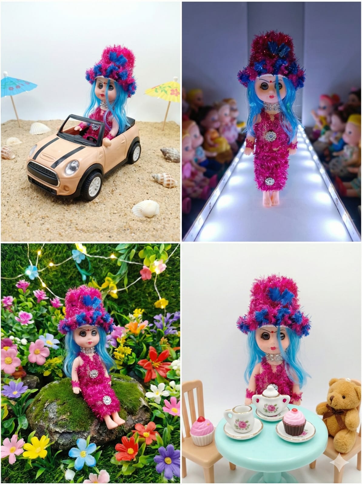गुलाबी रोएँदार टोपी और चमकदार पोशाक वाली नीले बालों की फैशन गुड़िया