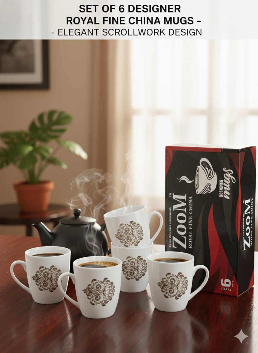 Set of 6 Designer Royal Fine China Mugs – Elegant Scrollwork Design