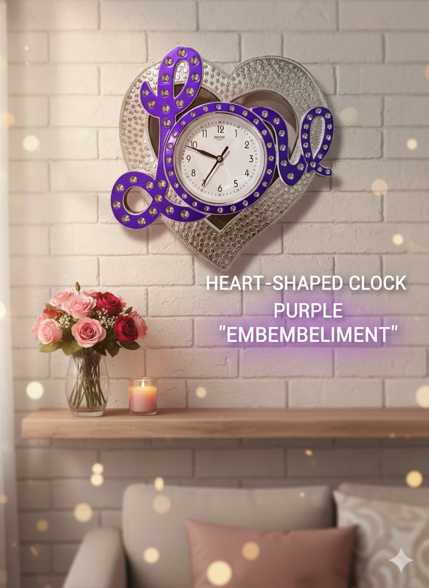 Heart-Shaped Love Wall Clock with Purple Embellishment