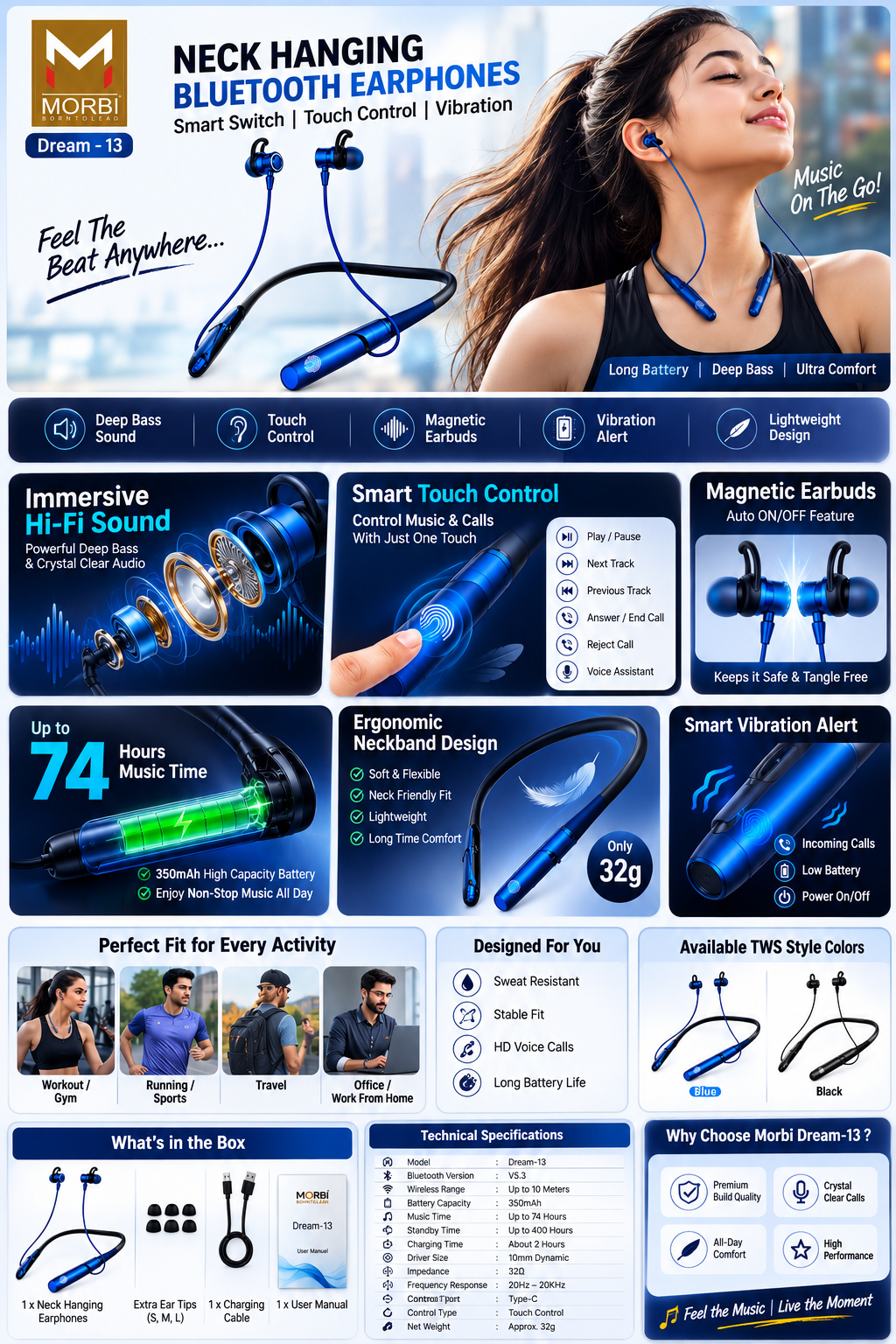 MORBI Dream-13 Neck Hanging Bluetooth Earphones with Mic, 74 Hours Music Playtime, 350mAh Battery, Touch Control, Magnetic Earbuds, Vibration Alert, Deep Bass, Type-C Charging, Wireless Neckband for Gym, Running, Travel & Office