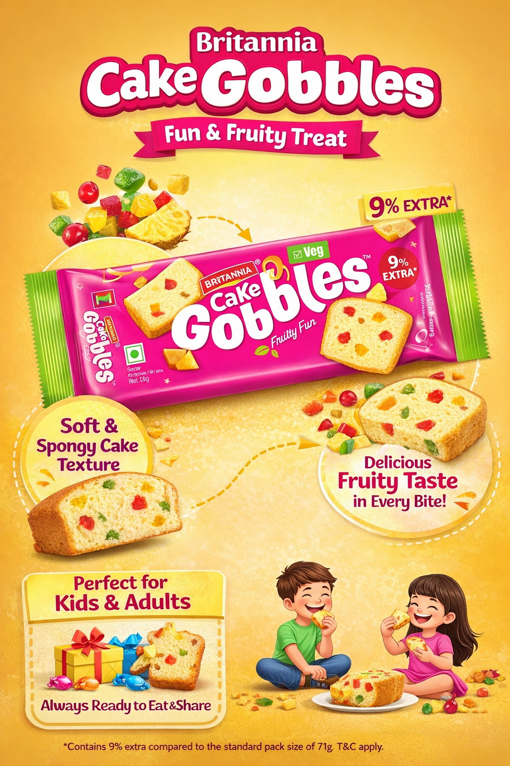 Britannia Cake Gobbles Fruity Fun Cake | Soft & Spongy Fruit Cake Snack