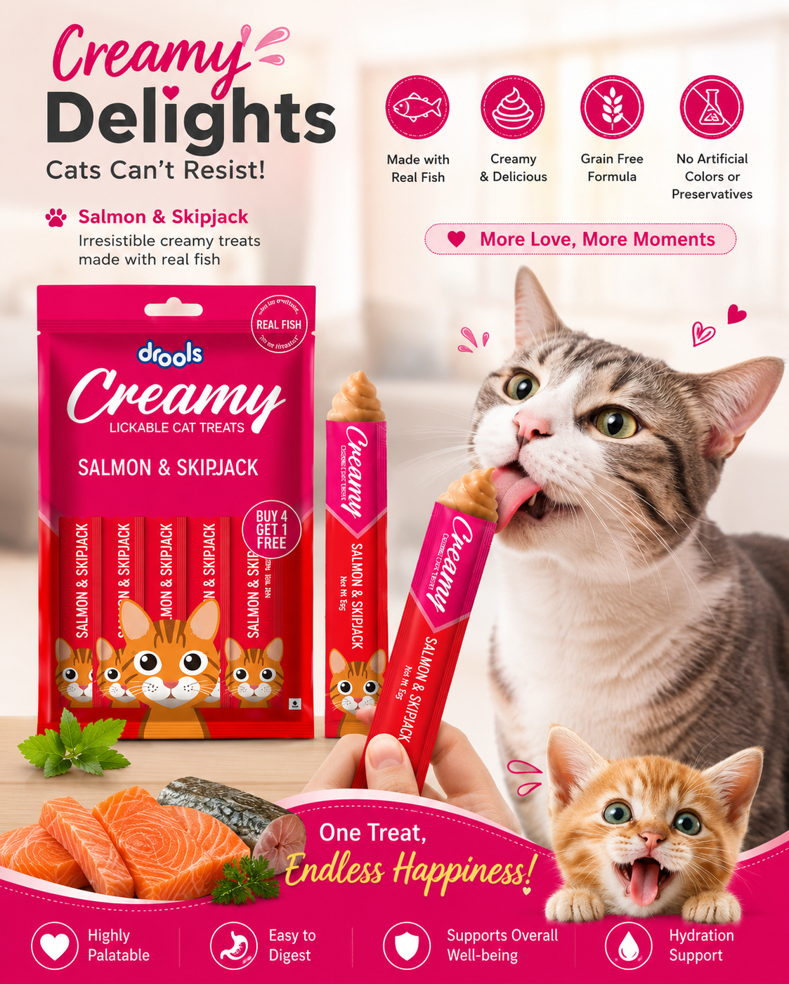 Drools Creamy Lickable Cat Treats Salmon & Skipjack | Real Fish Cat Treat | Creamy Wet Cat Snack | Grain-Free Formula | Highly Palatable Cat Treats | Adult Cats & Kittens | 15g x 5 Sticks