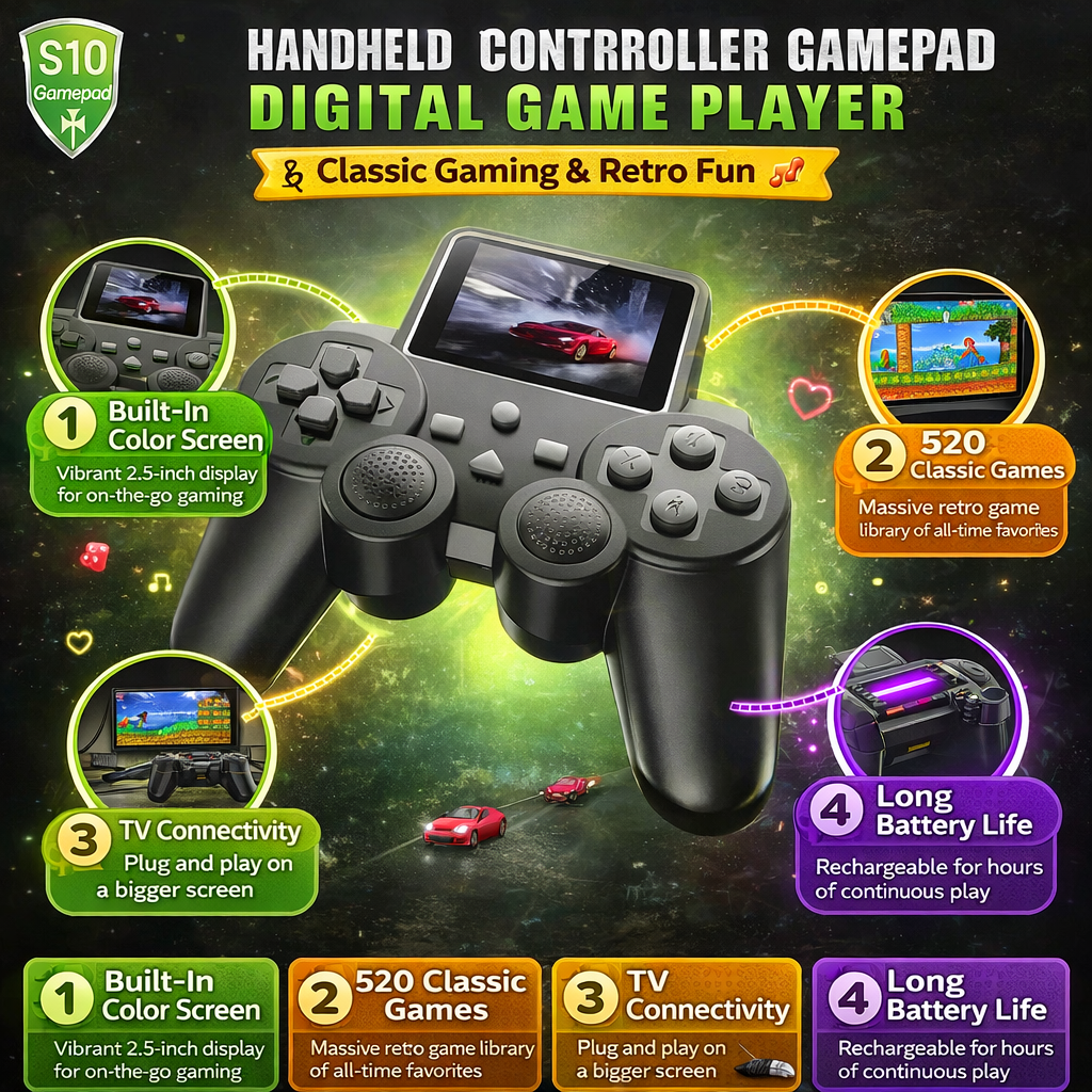 S10 Handheld Game Console with 520 Built-in Games | Portable Gaming Controller with Screen