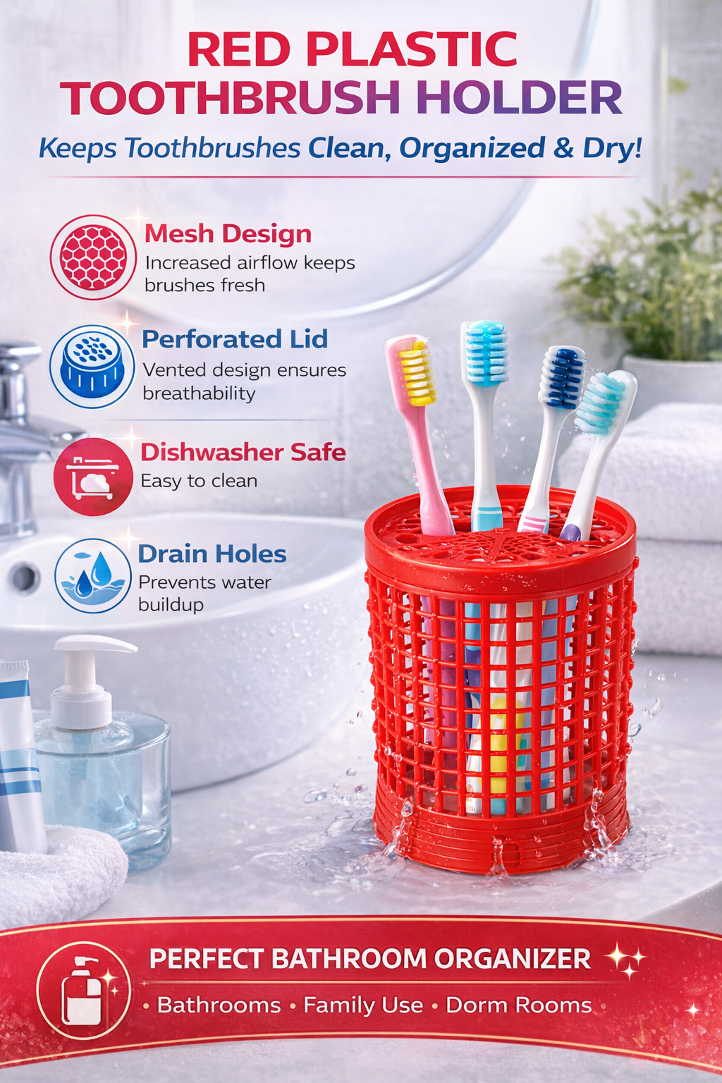 Red Plastic Toothbrush Holder with Ventilated Lid – Mesh Design Bathroom Organizer for Toothbrushes