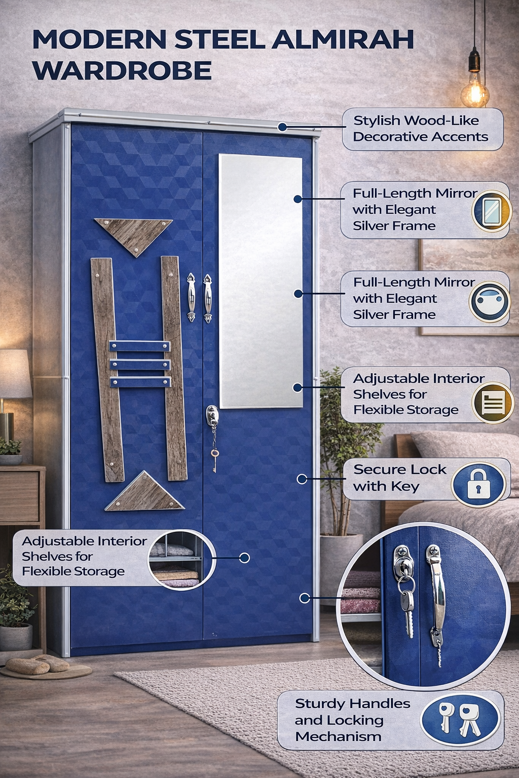 Blue Steel Almirah Wardrobe with Mirror & Lock | Designer Metal Cupboard for Bedroom