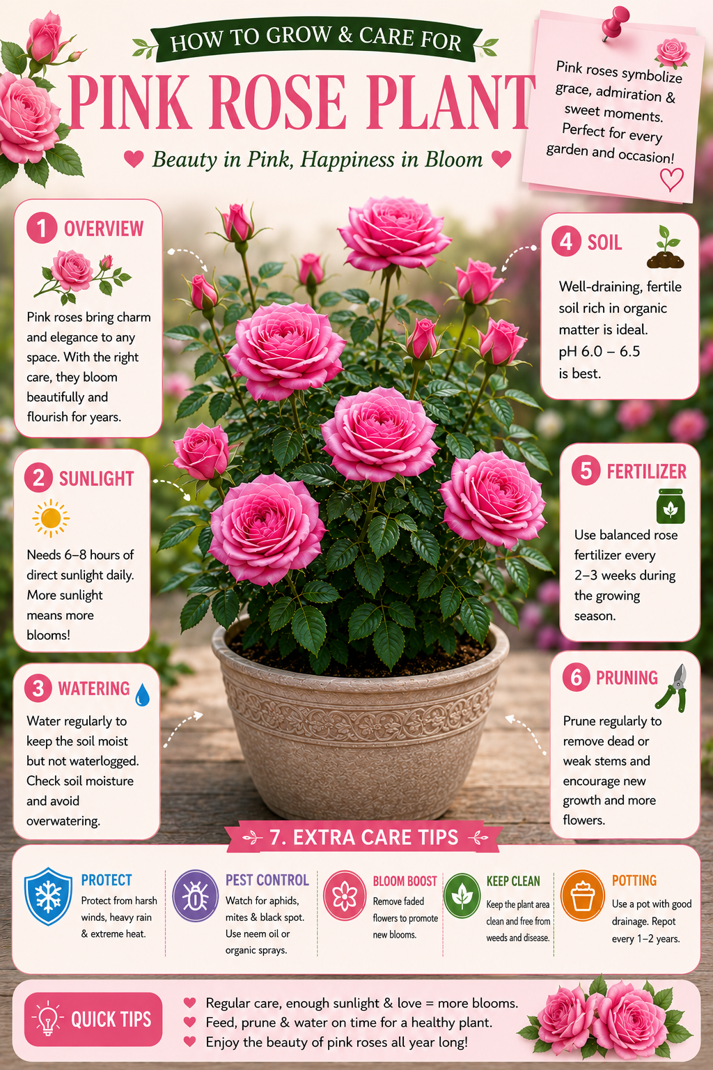Pink Rose Plant adds elegance, beauty, and fragrance to gardens, balconies, patios, and indoor spaces. Produces attractive blooms throughout the flowering season.