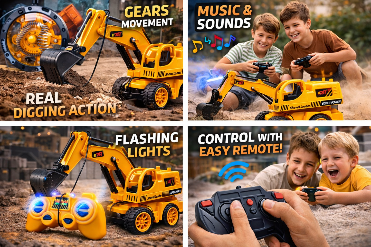 Remote Control Excavator Toy for Kids with Lights, Sound & Music, 2.4GHz RC Construction Vehicle with Real Digging Action