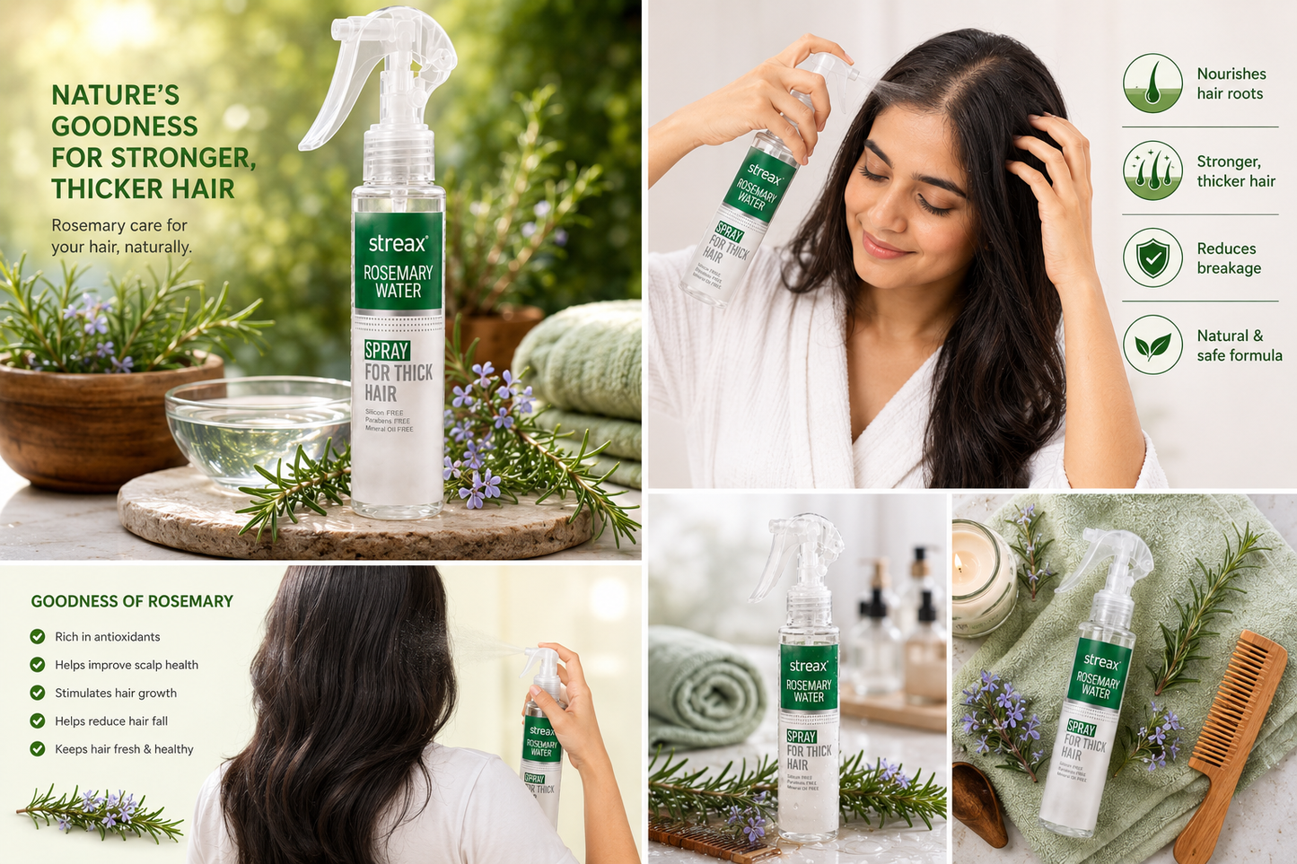 Streax Rosemary Water Spray for Hair Growth & Scalp Care ā Rosemary Extract Hair Spray for Stronger, Thicker Looking Hair, Silicone Free, Paraben Free, 100 ml