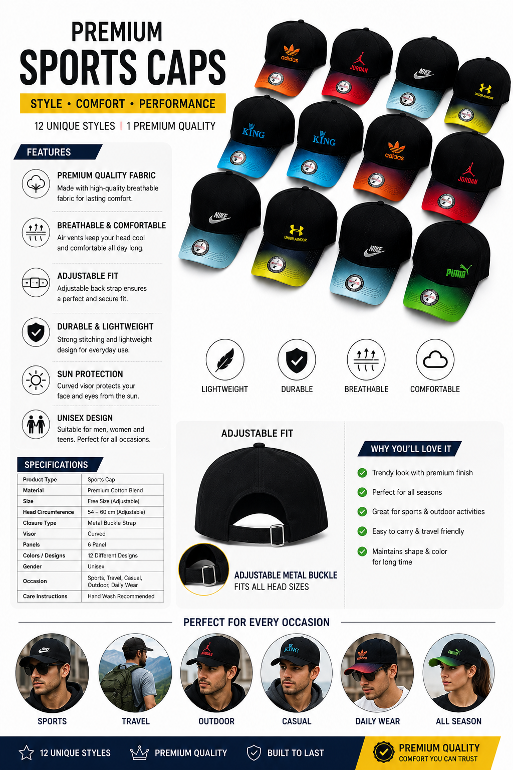 Premium Sports Cap for Men & Women | Adjustable Baseball Cap | Breathable Cotton Blend