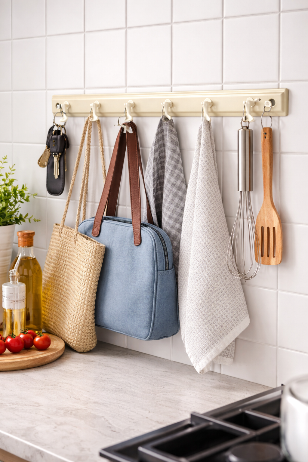 6 Hook Wall Mounted Storage Rack ā Plastic Key Holder & Organizer with Screws, 16.5 Inch Heavy Duty Hook Rail for Kitchen, Bathroom, Entryway & Utility Use