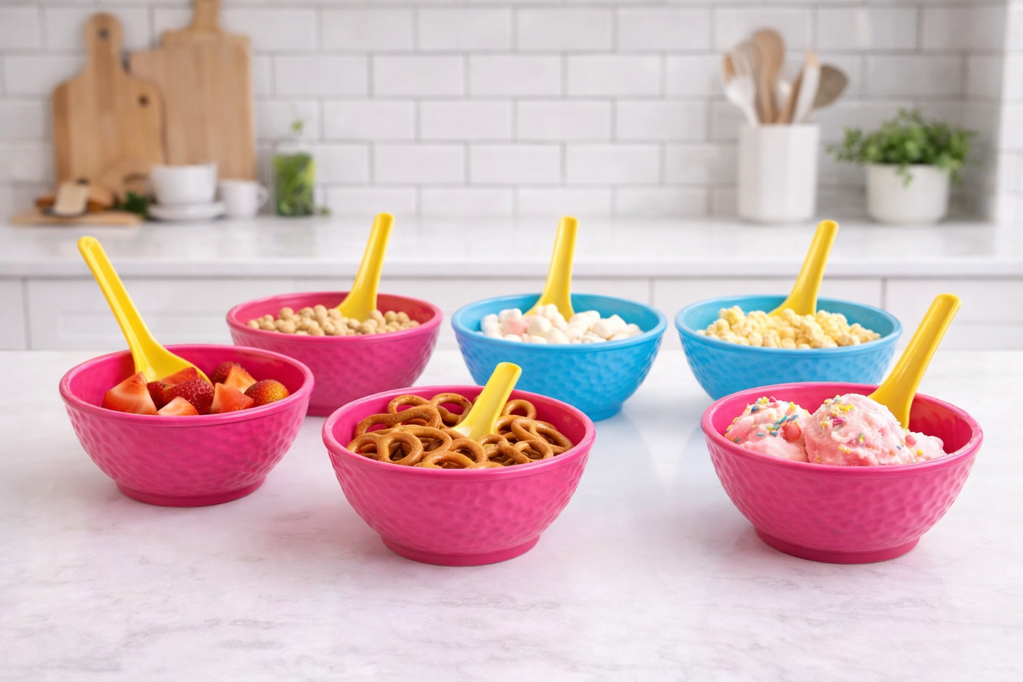 Colorful Plastic Bowls & Spoons Set for Kids – 6 Bowls (3 Pink + 3 Blue) with 6 Yellow Spoons