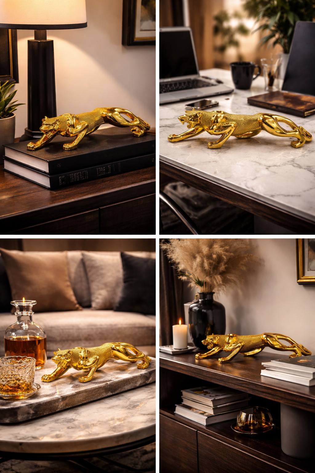 Golden Panther Showpiece Statue | Premium Glossy Gold Leopard Figurine