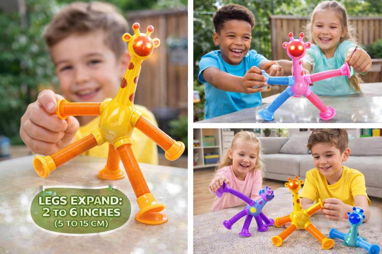 Giraffe Pop Tube Toy for Kids with LED Light, Suction Cup Legs, Stretchable & Bendable Sensory Toy, Interactive Fidget Toy for Toddlers Boys & Girls