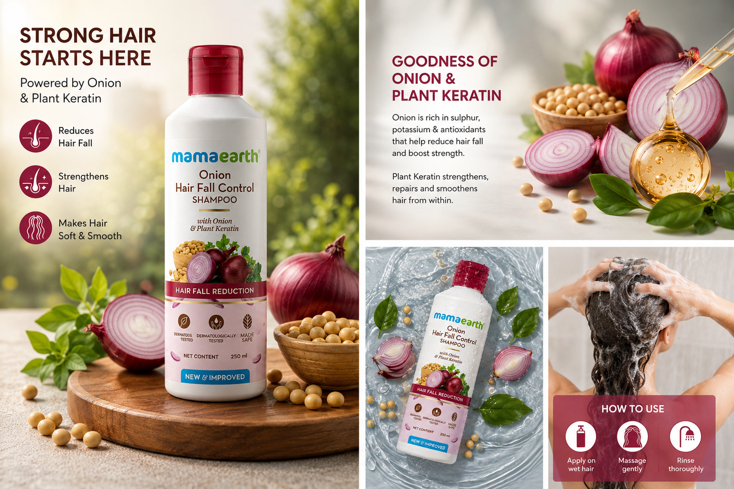 Mamaearth Onion Hair Fall Control Shampoo for Hair Growth โ with Onion & Plant Keratin for Hair Fall Reduction, Strengthens Hair from Root to Tip, Dermatologically Tested & Made Safe, 250ml