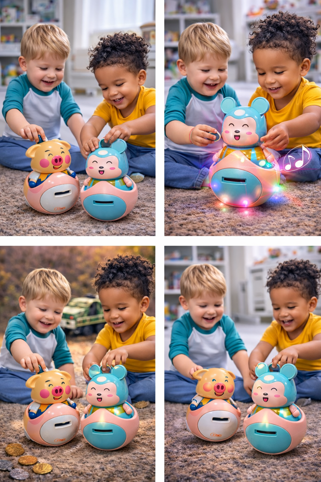 Roly Poly Money Bank Toy for Kids with Lights & Music – Cute Coin Saving Box with Pendulum Motion, USB Charging, Battery Operated Piggy Bank for Boys & Girls (3+ Years)
