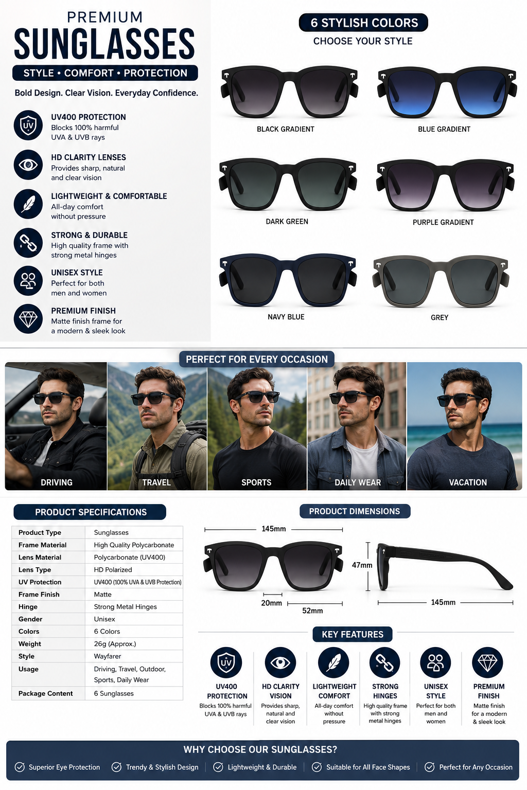 Premium UV400 Polarized Sunglasses for Men & Women | Lightweight Square Frame | HD Vision Lens | Stylish Unisex Driving Sunglasses