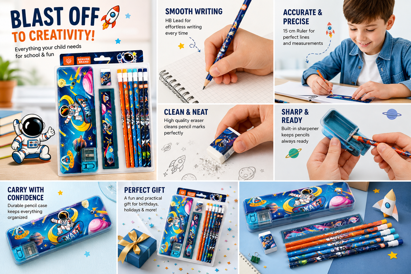 Space Adventure 12-Piece Stationery Set for Kids – Includes Astronaut Pencil Case, HB Pencils, 15cm Ruler, Eraser & Built-in Sharpener – Perfect Back to School Gift for Boys & Girls