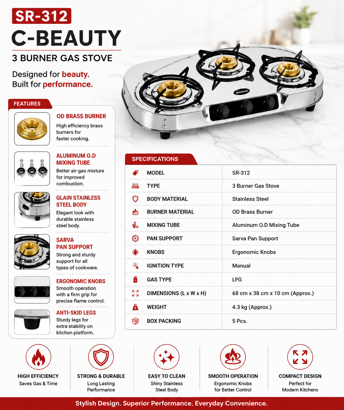 Sitaram SR-312 C-Beauty 3 Burner Gas Stove | Stainless Steel Body | OD Brass Burners | Heavy Duty Sarva Pan Support | Manual Ignition LPG Gas Stove | Silver