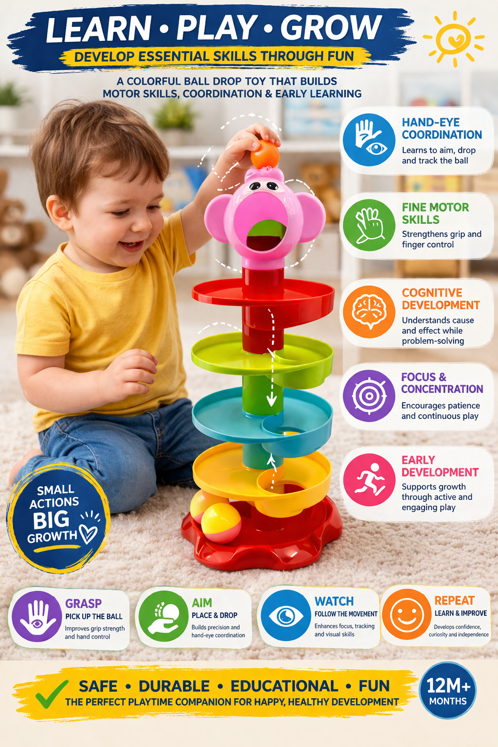 Ball Drop Toy for Kids | Multi-Level Spiral Ramp Tower with Balls | Montessori Learning Toy for Toddlers