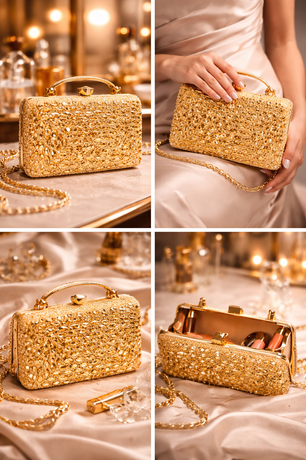 Gold Rhinestone Evening Clutch for Women | Luxury Crystal Party Handbag with Gold-Tone Handle, Sphere Clasp & Satin Interior