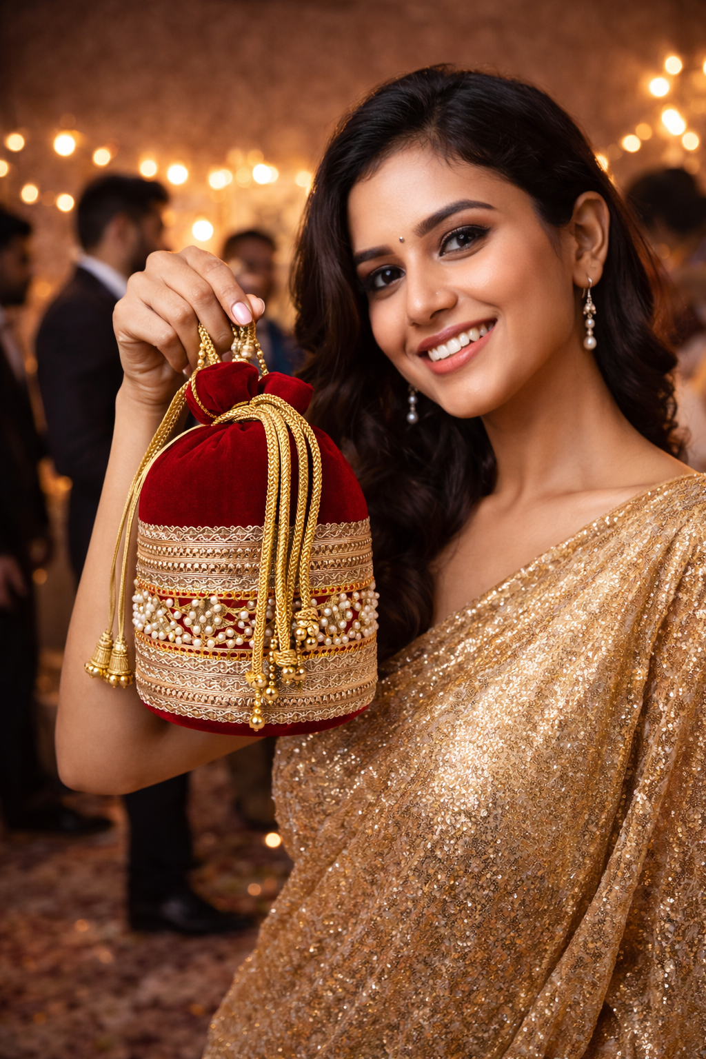 Red Velvet Potli Bag for Women, Embroidered Drawstring Ethnic Clutch Purse with Pearl and Gold Beadwork