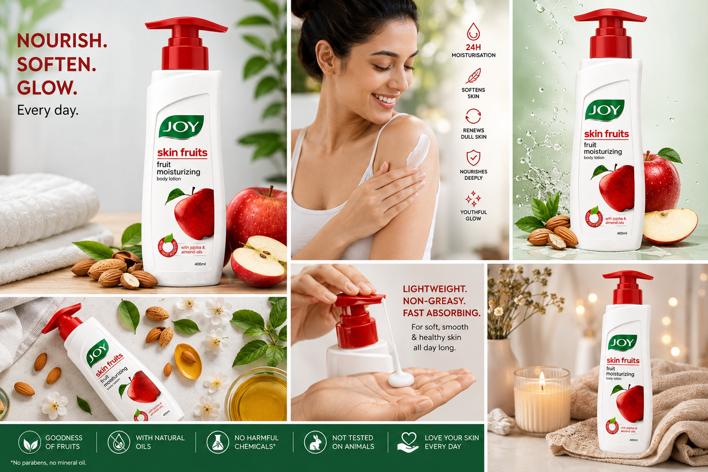Joy Skin Fruits Fruit Moisturizing Body Lotion with Apple Extracts, Almond Oil, Jojoba Oil & Vitamin E | Deep Nourishment & 24-Hour Moisturization | Lightweight Non-Greasy Formula | 400ml