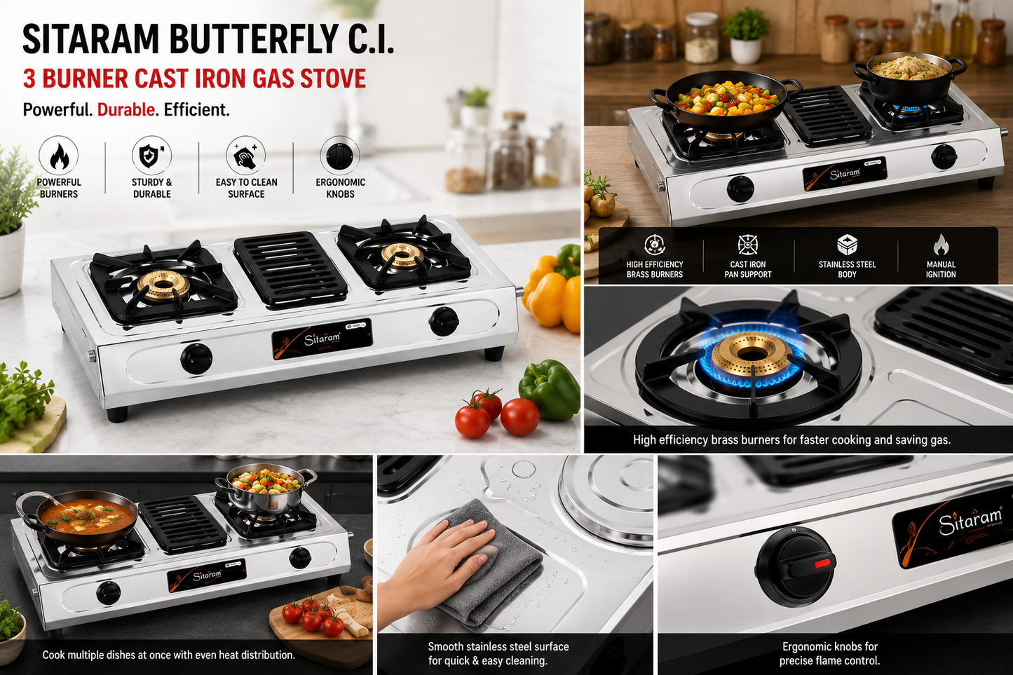 Sitaram Butterfly C.I. 3 Burner Gas Stove | Cast Iron Pan Support | Brass Burners | Stainless Steel Body | Manual Ignition LPG Gas Stove | SR-252