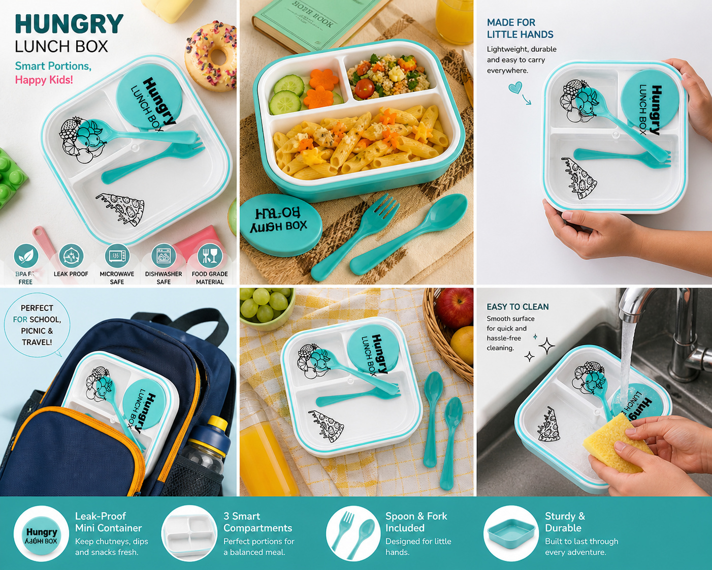 Hungry Kids Bento Lunch Box Set – 3 Compartment Meal Container with Leak-Proof Mini Dip Jar, Spoon & Fork – BPA-Free, Microwave & Dishwasher Safe