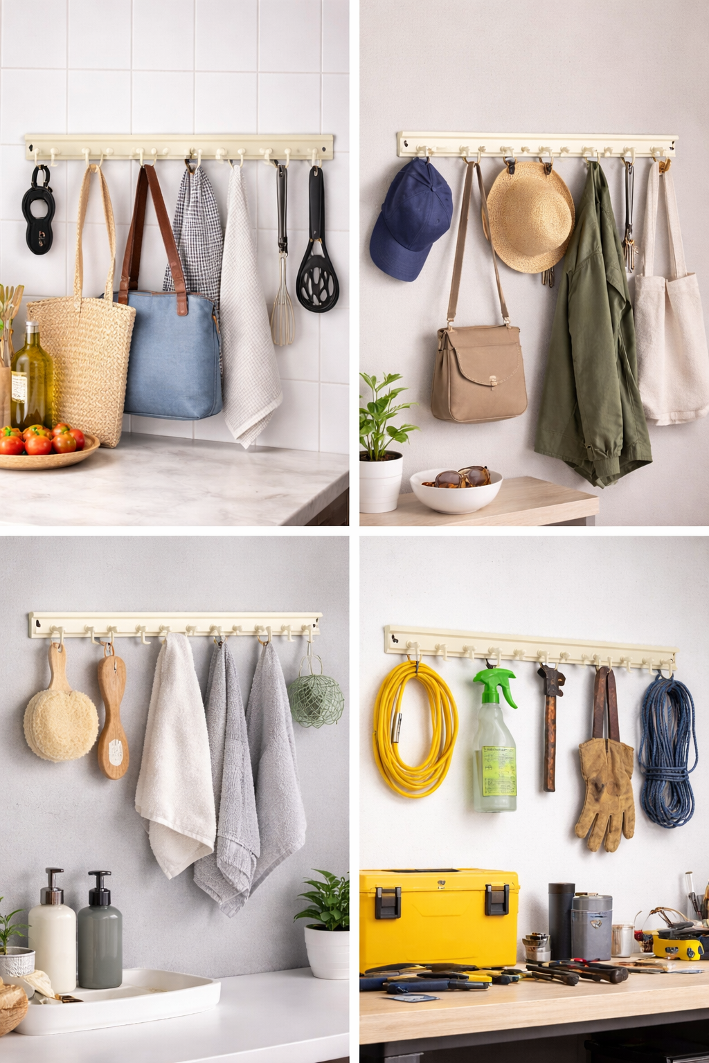 8 Hook Wall Mounted Storage Rack ā Heavy Duty Plastic Key Holder & Multi-Purpose Organizer, 16.5 Inch Hook Rail with Screws for Kitchen, Bathroom, Entryway
