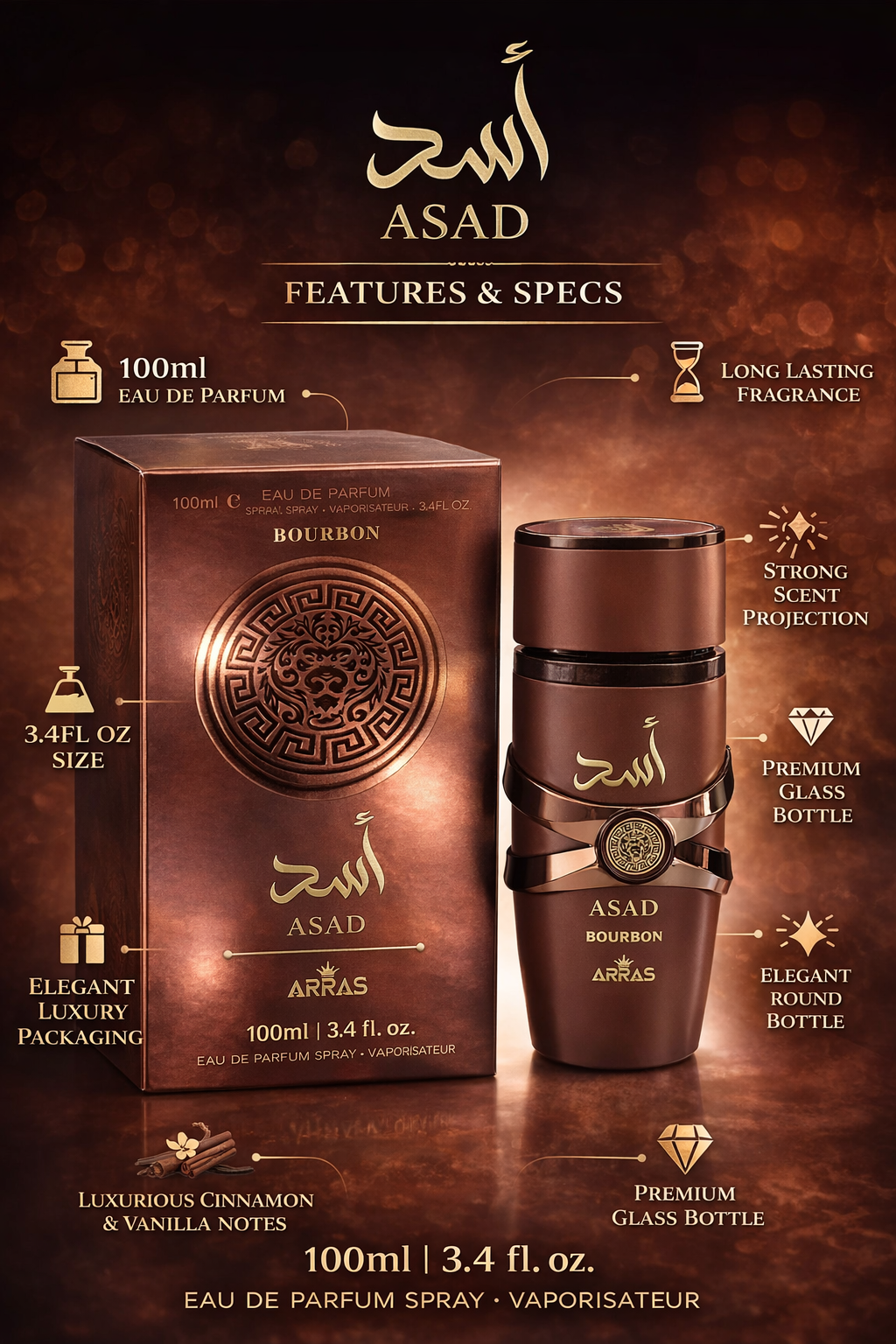 Asad Bourbon Eau De Parfum for Men | 100ml Long-Lasting Luxury Perfume | Warm Spicy Vanilla & Cinnamon Fragrance with Strong Projection