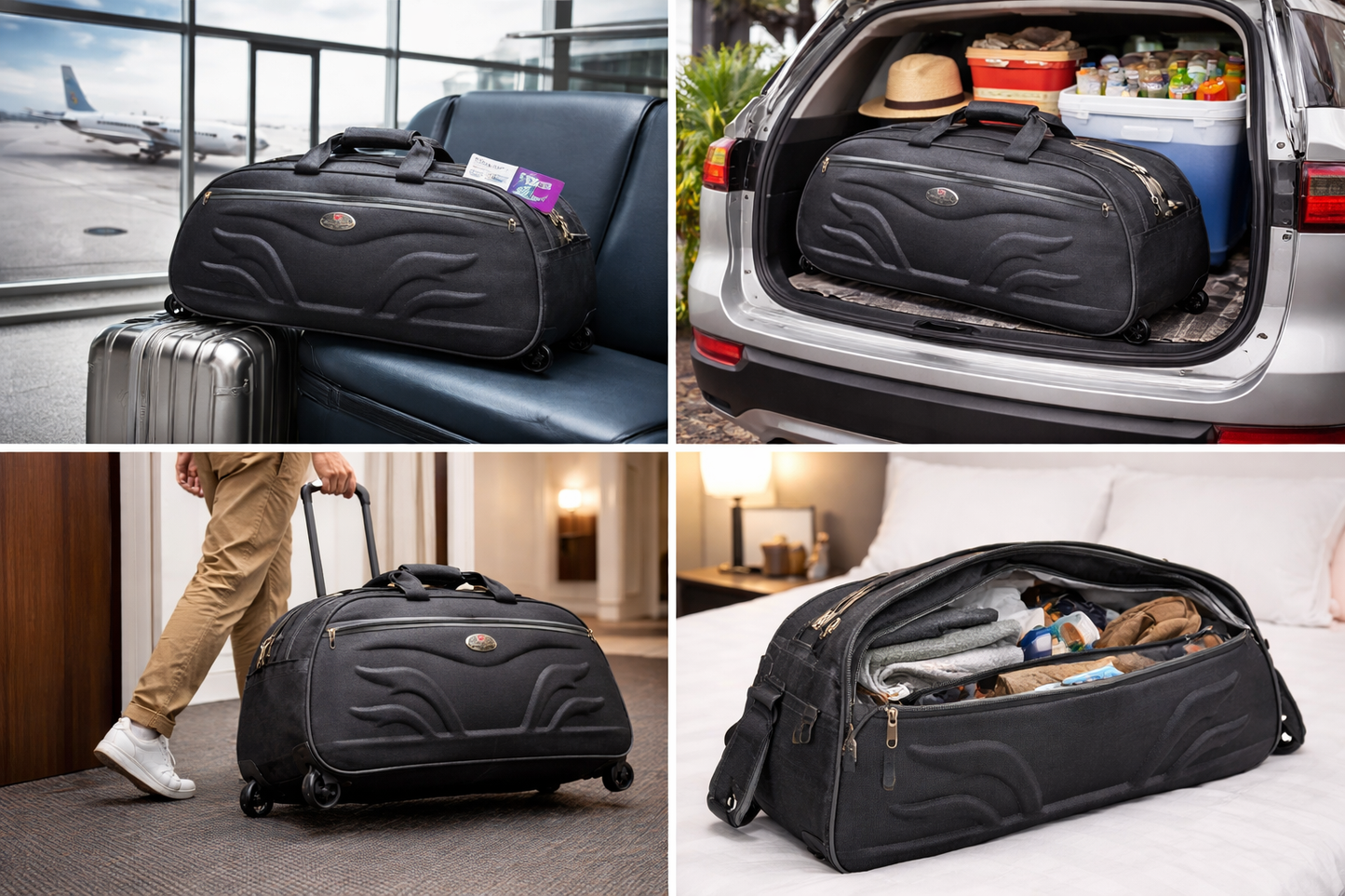 65L ( set 4 ) Wheeled Travel Duffel Bag with Trolley Wheels, Large Rolling Luggage Bag with Shoulder Strap, Durable Polyester Weekender Bag