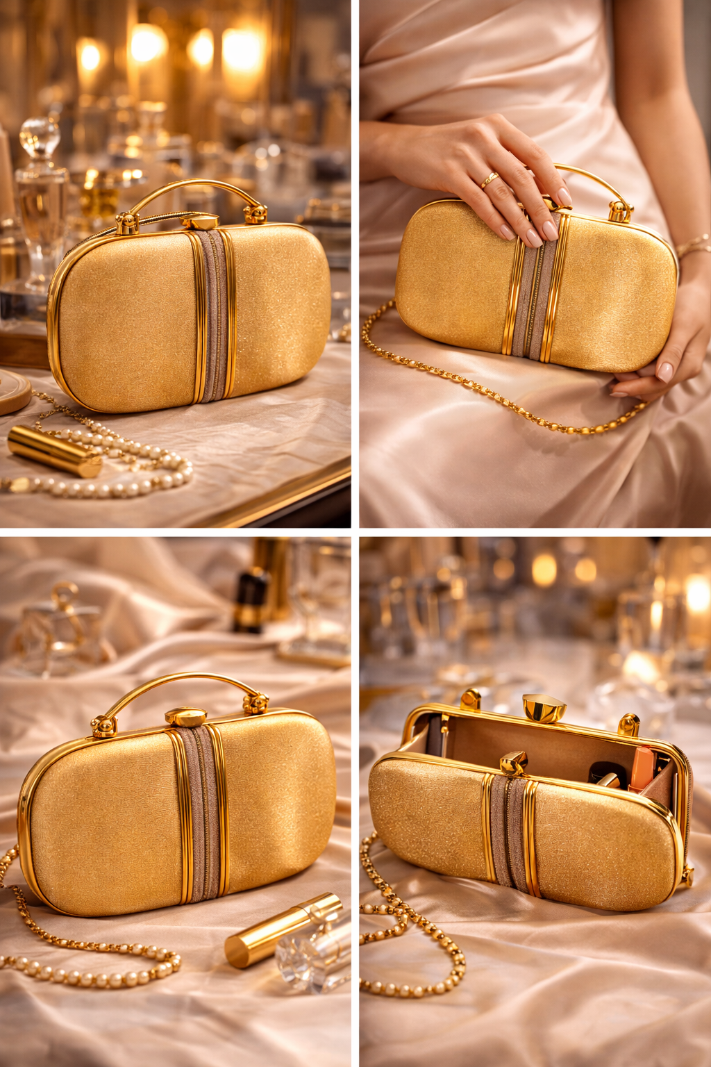 Oval Gold Evening Clutch for Women | Satin Party Handbag with Gold-Tone Handle, Sphere Clasp & Glitter Stripe Detail