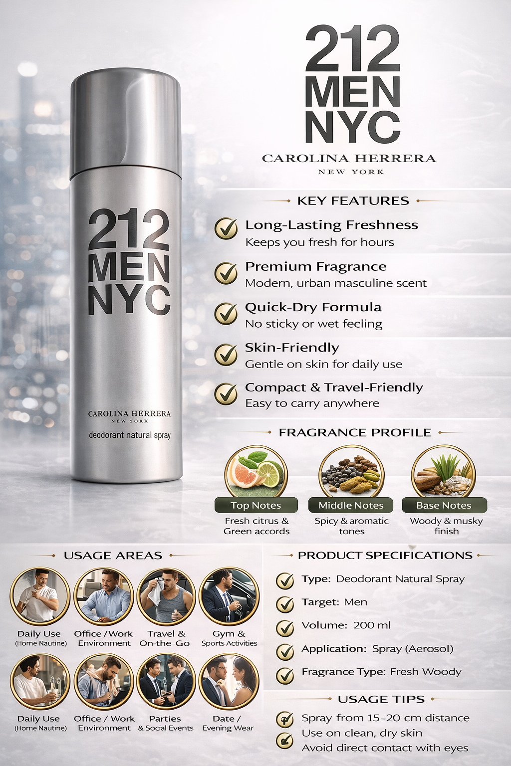 Carolina Herrera 212 Men NYC Deodorant Spray for Men, Long Lasting Fresh Fragrance