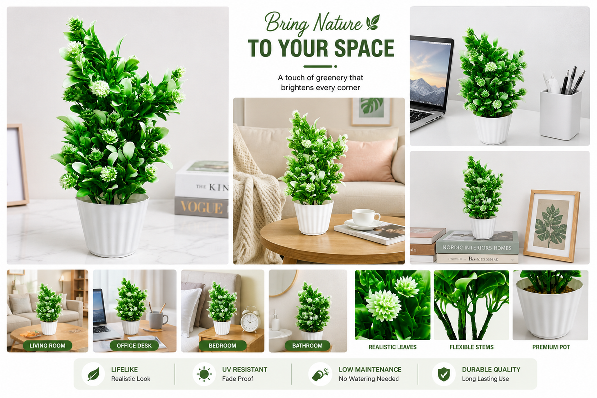 Artificial Plant with Pot for Home Decor, Green & White Faux Flower Plant, Decorative Indoor Plant for Living Room, Bedroom, Office Desk, Table, Shelf & Bathroom, 13 Inch