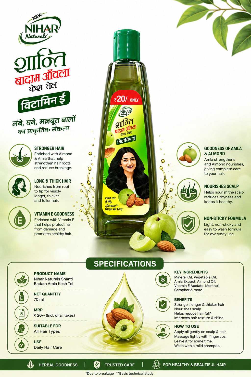 Nihar Naturals Shanti Badam Amla Kesh Tel with Almond, Amla & Vitamin E, Nourishing Hair Oil for Strong, Long & Thick-Looking Hair, Non-Sticky Formula, 70 ml